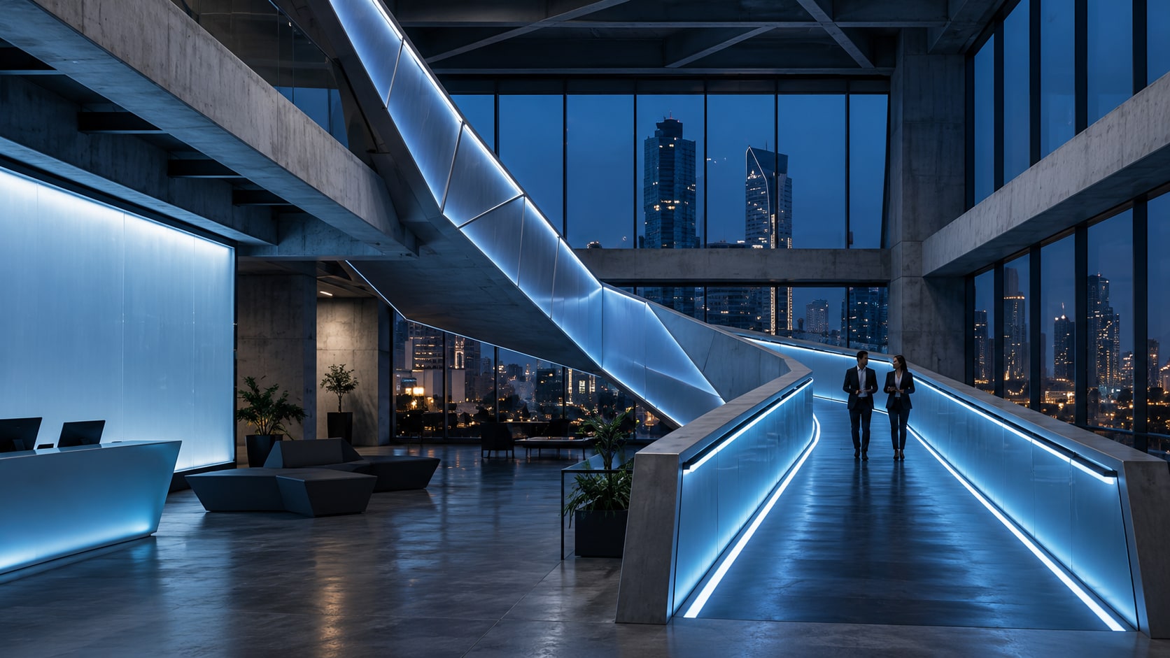 Ilustración conceptual de un espacio arquitectónico con estructuras geométricas e iluminación azul.